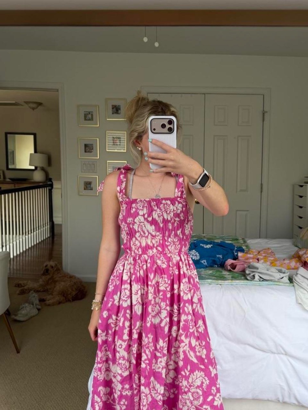 Women’s Pink Floral Sundress with Tie Straps